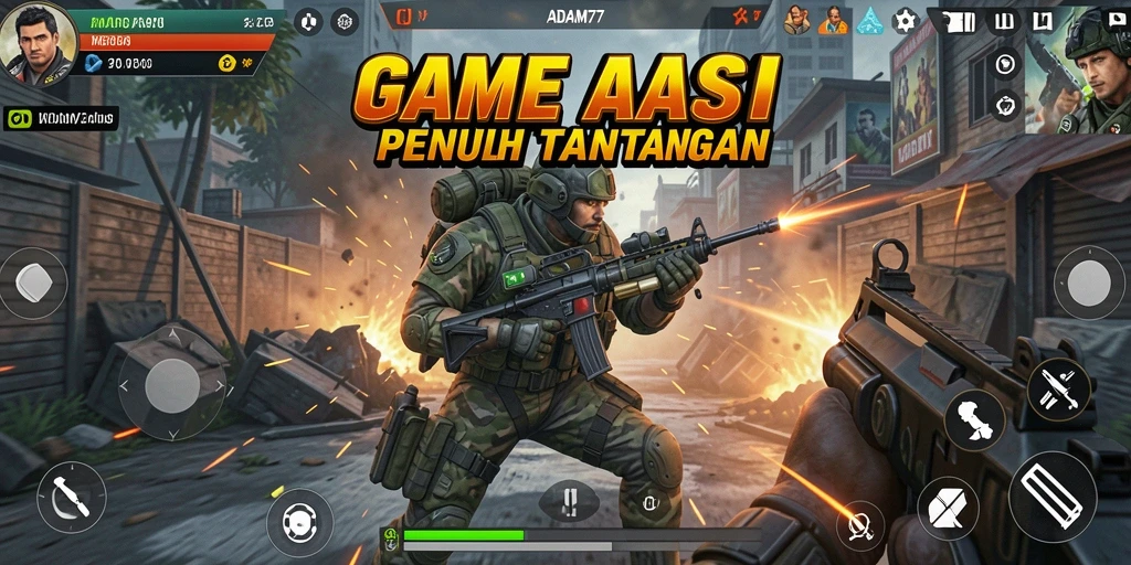 Tangkapan layar gameplay ADAM77 yang menampilkan aksi seru di medan pertempuran.