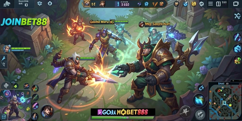 Screenshot dari gameplay JOINBET88 yang menunjukkan aksi seru di arena pertempuran MOBA.