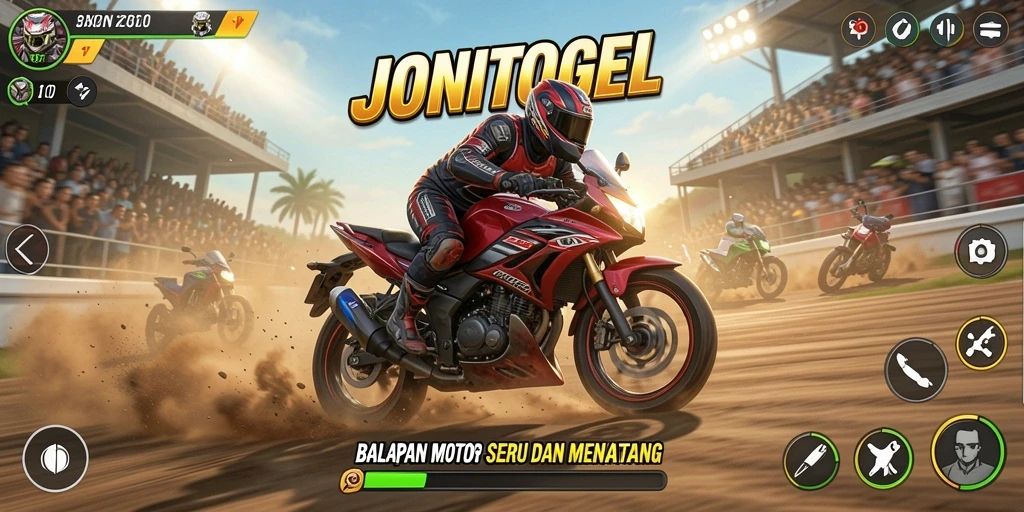 Tampilan seru dari gameplay <strong>JONITOGEL</strong> dengan balapan motor yang menegangkan.