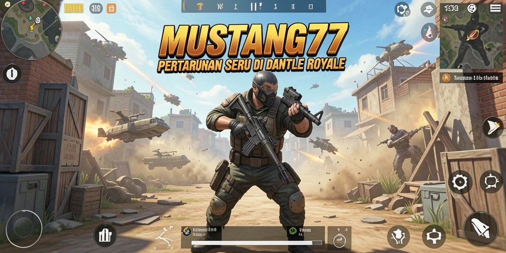 Screenshot utama MUSTANG77 menampilkan aksi seru dalam permainan Battle Royale.